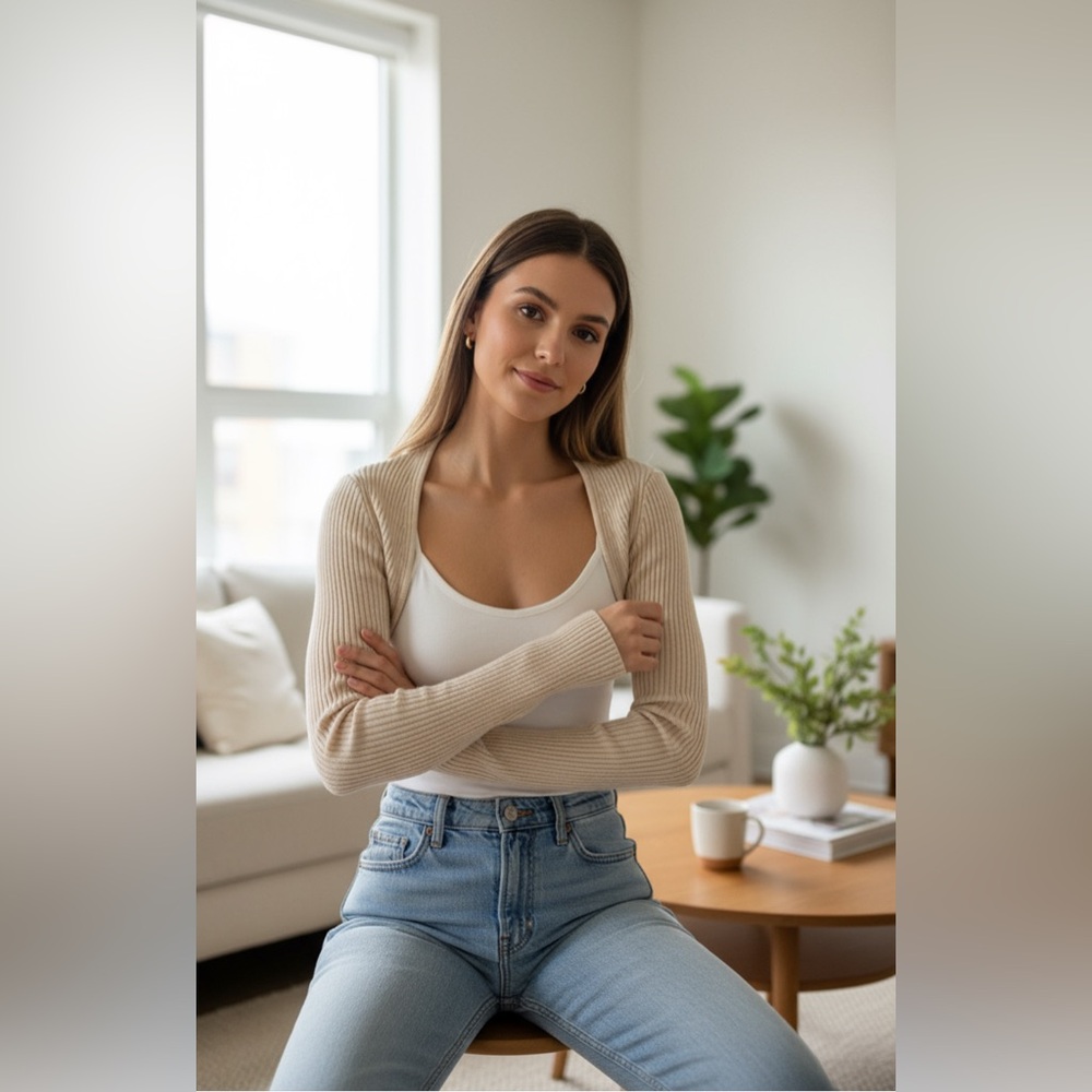 Zara Beige Ribbed Cropped Cardigan - Picture 9 of 10